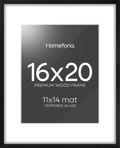 Homeforia 16x20 Black Wood Frame, High End Oak 16x20 Picture Frames with Mat 11x14 Photo, 16 x 20 Wooden Poster Frame Matted to 11 by 14 Print, 20x16 Hanging Frames, Tempered Glass, Wall Kit, Set of 1