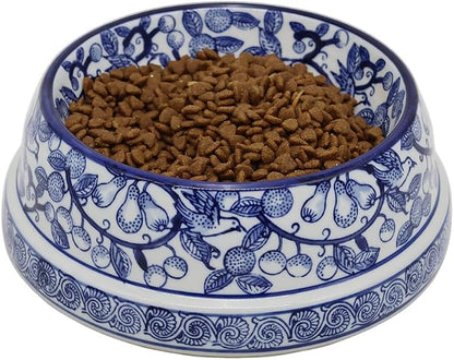 Aimusego Blue and White Vintage Ceramic Dog Bowl for Pet Owners, Anti-Skid Base Medium Large Water and Food Pet Cat Dish-9inch