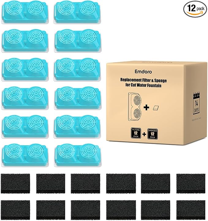Official Replacement Filters for 3.2L/108oz Cordless Cat Fountain | 12 Pack Replacement Filters & Sponges - Multi-Layer Filtration - Easy Replacement for Emdoro Cordless Pet Fountain