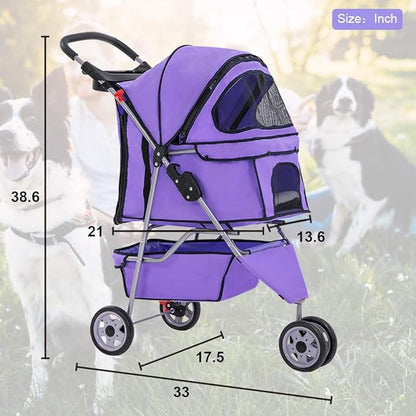 BestPet 3 Wheels Pet Stroller Dog Cat Cage Jogger Stroller for Medium Small Dogs Cats Folding Travel Carrier with Cup Holder, Waterproof Design & Removable Liner, Purple