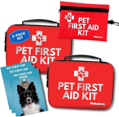 Dog First Aid Kit 3-Pack – 2 Hard-Sided & 1 Compact Travel Pet First Aid Kits – Vet-Approved Emergency Supplies with First Aid Guide, Tick Remover, Thermal Blanket for Hiking, Camping, Car, RV