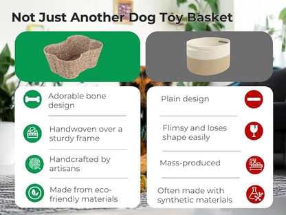 Dog Toy Basket, Bone Shaped Dog Toy Bin, Handmade Pet Organizer And Storage, Toy Box for Cats, (17x13 Seagrass)