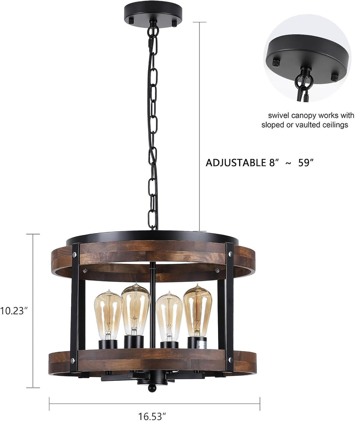 4-Light Large Rustic Farmhouse Wood Pendant Light Fixture with Adjustable Chain, 16.5 inch Oak Wood Drum Chandelier for Dining Room Kitchen Island Farmhouse Living Room Hallway, Black