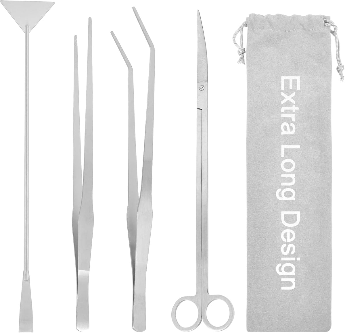 15Inch Extra Long Design Aquarium Aquascaping Tool Stainless Steel Aquascape Tools Kit 4 in 1 Anti-Rust Fish Tank Starter Kit with Long Tweezers Scissors Spatula for Aquarium Plants (Silver)