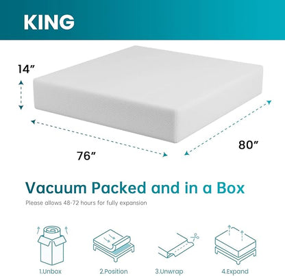 FDW | 14 Inch King Mattress | Medium Firm | Gel Memory Foam Mattress | White | Bed in a Box, CertiPUR-US Certified | Pressure Relief, Cooling Ventilated Foam | Washable Removable Cover