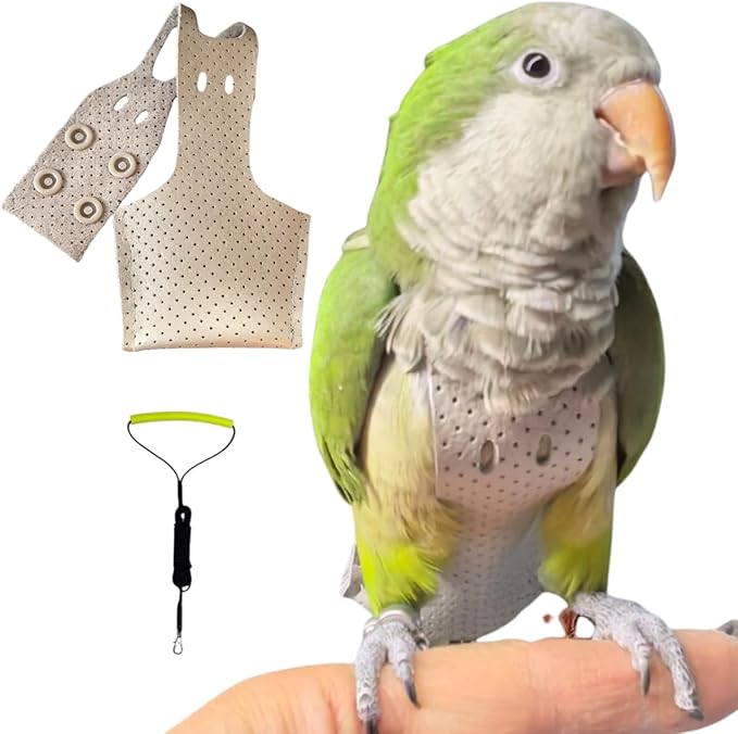 Premium Genuine Cowhide Bird Flight Harness Anti Bite Breathable Parrot Diaper Parrot Suit with Leash for Parakeet Conure Quaker Flying Clothes Rope and Handle (with Leash,Large)