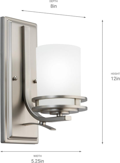 Kichler Hendrik 12" Wall Sconce in Brushed Nickel, 1-Light Modern Wall Mount Light with Satin Etched Cased Opal Glass, (12" H x 5.25" W), 5076NI, 24.75 in
