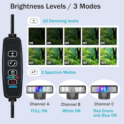 Aquarium Light, 3 Mode Clip on Fish Tank Light with Timer Function, Full Spectrum Aquarium Plant Light, Adjustable Brightness, for 6-10 Inch Fish Tank
