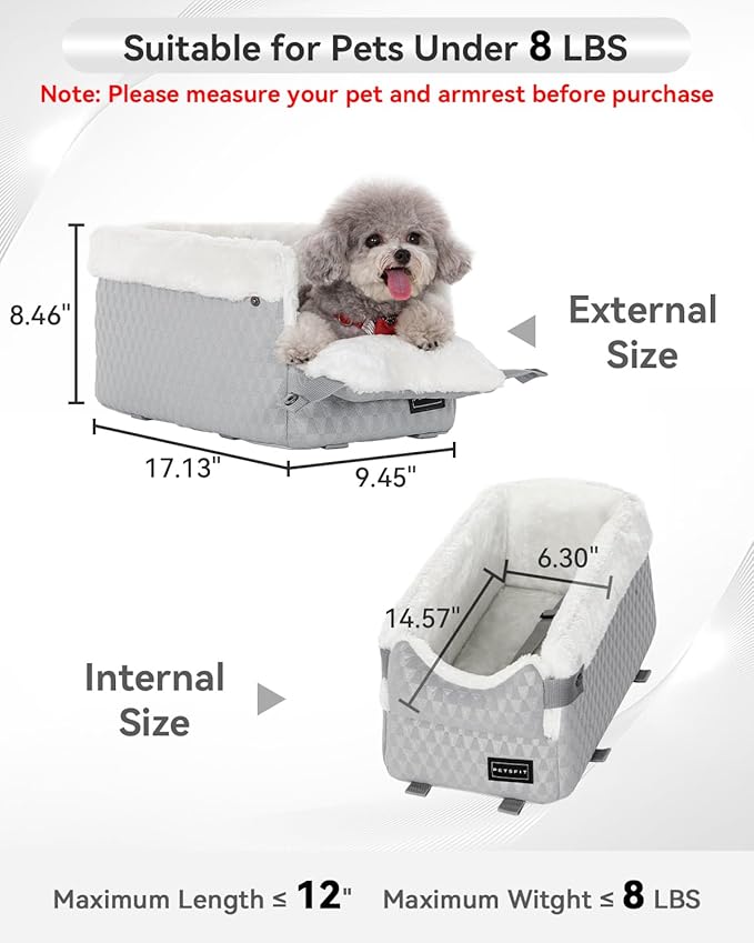 PETSFIT Dog Car Seats for Small Dogs with Safe Protection Hooks, Small Dog Car Seat with Upgraded Safety Tethers, Washable Cushion, Center Console Dog Car Seat for Pets Under 8 Lbs (Light Grey)