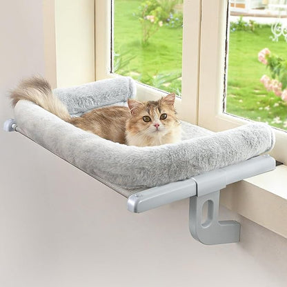 Cat Window Sill Perch with Large Bolster, Easy to Adjust & Assemble Cat Window Seat for Windowsill & Bedside, Pet Hammock Bed for Large Cats and Kittens (Grey, M)