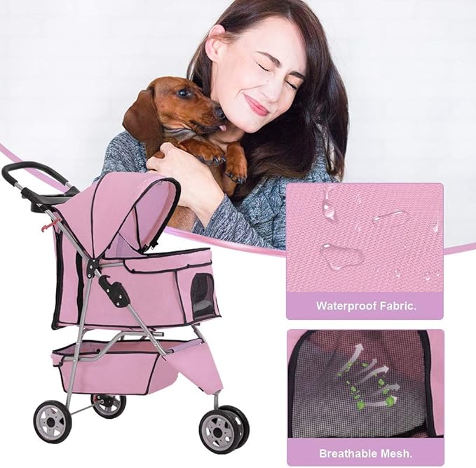 BestPet 3 Wheels Pet Dog Stroller Cat Cage for Medium Small Dogs Cats Travel Folding Carrier Waterproof Puppy Stroller with Cup Holder & Removable Liner,Pink