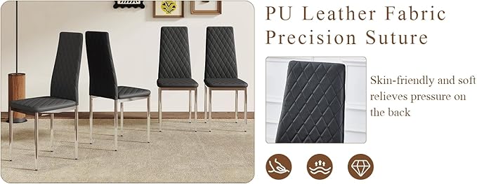JT Modern Minimalist Dining Chair Fireproof Leather Sprayed Metal Pipe Diamond Grid Pattern Restaurant Home Conference Chair Set of 4 Or 6 (4, Black-Silver)