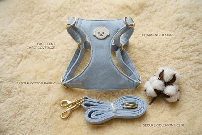 AetruffyPet 100% Cotton Dog Harness and Leash Set – Soft Breathable Vest for Small Dogs, Adjustable No-Choke Design, Lightweight Walking Set (XS/S/M) (Blue, S)