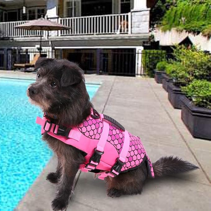 Dog Life Jacket Ripstop Shark Dog Safety Vest Adjustable Preserver with High Buoyancy and Durable Rescue Handle for Small,Medium,Large Dogs, Pink Fish Large