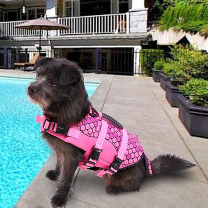 Dog Life Jacket Ripstop Shark Dog Safety Vest Adjustable Preserver with High Buoyancy and Durable Rescue Handle for Small,Medium,Large Dogs, Pink Fish Large