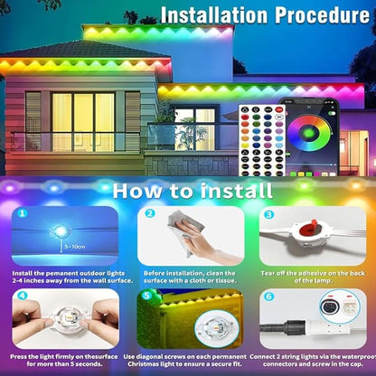 Permanent Outdoor Lights,100ft RGB + IC Smart LED Eaves Lights with App & Remote Control, IP67 Waterproof,for Christmas and All Holiday Decor,Daily and Accent Lighting,House Roof and Garden Lighting