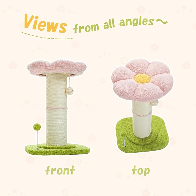 PEQULTI Flower Cat Scratching Post, Small Cat Tree, Scratcher for Indoor Cats with Super Thick Scratching Post [Dia=5.5''], Removable Flower Bed, Cat Scratch Post with Spring Ball, Pink
