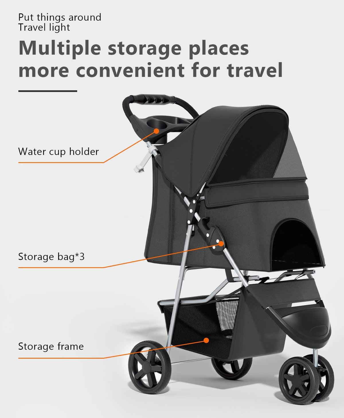Pet Stroller with 3 Wheels for Small/Medium Pets, Portable Travel Foldable Carrier Jogger for Dog Cat Puppy Kitty, Rear Wheel Breaks, Storage Basket, Visible Mesh with Weather Cover (Black)