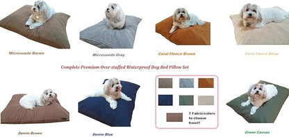 Durable Comfort Pet Dog Micro-Cushion Memory Foam Pillow Bed with Waterproof Liner + External Cover for S,M,L Dogs- Complete Set (Green Canvas, 36''x29'')