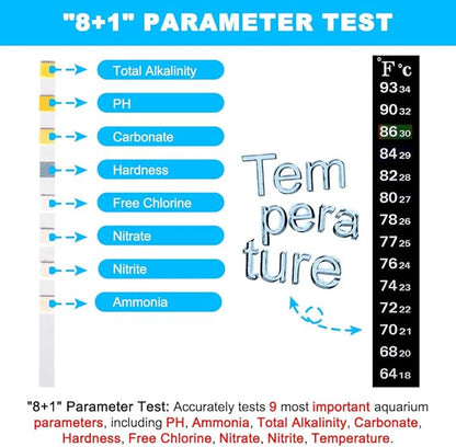 DaToo 8 in 1 Aquarium Test Kit Fish Tank Test Strips Accurate Water Quality Testing Strips for Ammonia PH Total Alkalinity Carbonate Hardness Free Chlorine Nitrate Nitrite Temperature (150 Strips)