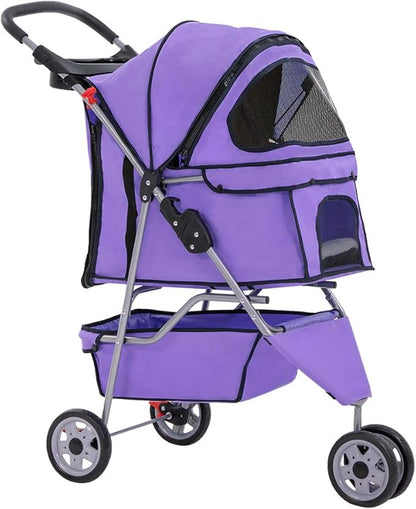 BestPet 3 Wheels Pet Stroller Dog Cat Cage Jogger Stroller for Medium Small Dogs Cats Folding Travel Carrier with Cup Holder, Waterproof Design & Removable Liner, Purple