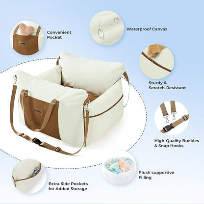 Dog Car Seat for Small Dogs - Waterproof Pet Booster Seat for Car with Clip-On Safety Leash, Soft Travel Carrier for Puppy up to 25 lbs, Memory Foam Filling and 2 Adjustable Buckles, Beige