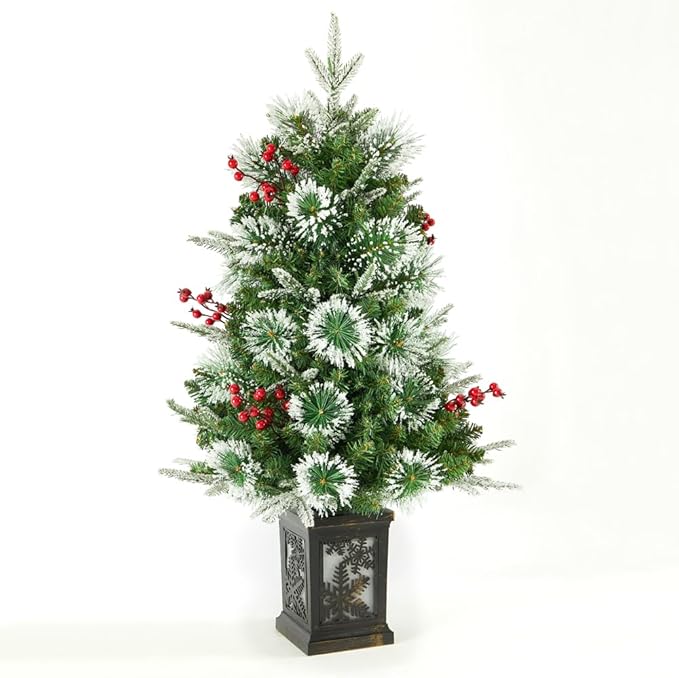 Small 3FT Pre-Lit Snow Flocked Christmas Tree with Twinkling Lights for Home Office Christmas Decor- Battery Operated & Timer (Vintage Snowflake Base)