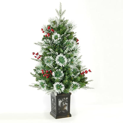 Small 3FT Pre-Lit Snow Flocked Christmas Tree with Twinkling Lights for Home Office Christmas Decor- Battery Operated & Timer (Vintage Snowflake Base)