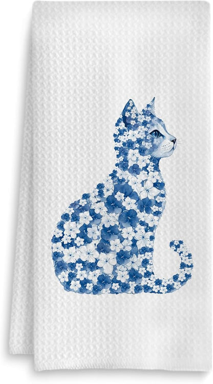 Blue Floral Cat Kitchen Towels, Cat Lovers Mom Lady Gifts Hand Towels for Bathroom, Kitty Kitten Dish Tea Towels for Kitchen Decor, 16x24 Inch