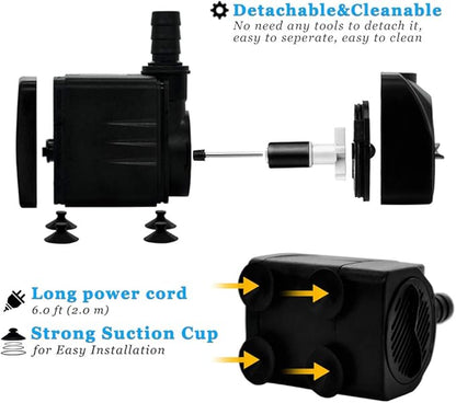 PULACO 160GPH Small Fountain Pump, Ultra Quiet Submersible Water Pump (600L/H, 10Watt) with 3.3 ft Tubing for Aquariums, Pond Fountain, Water Feature, Indoor Fountains