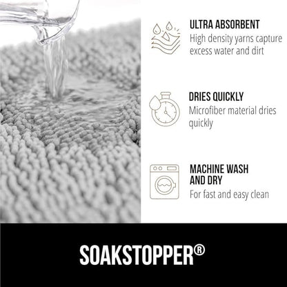GORILLA GRIP SoakSTOPPER Dog Door Mat, 48x30 Machine Washable Rug Absorbent Doormat Captures Moisture Mud Dirt, Quick Dry Soft Chenille Entryway Rugs Indoor Entrance Mats for Dog Paws, Light Gray