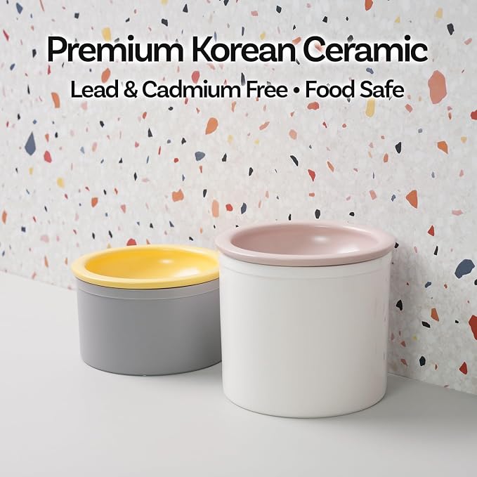 Hello Bowl Elevated Ceramic Cat Bowl with Stand, Raised Whisker-Friendly Feeding Bowl for Cats & Small Dogs, Patented Design, Made in Korea (Yellow, Square Only/Dry)