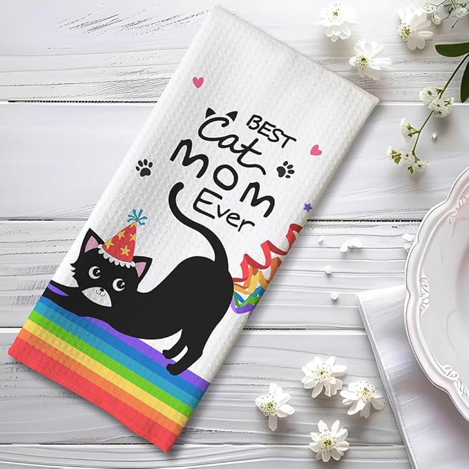 Birthday Gift for Cat Moms-Cute Kitchen Towel with Party Hat Kitty & Confetti Design,Quick-Drying Decorative Hand Towel for Kitchen & Bathroom Decor,Funny Feline Lover Accessories for Crazy Cat Ladies