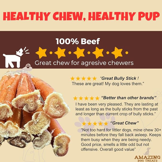 Amazing Dog Treats - Bully Sticks for Small Dogs (6 Inch Junior - 100 Count) - Premium Thin Bully Sticks for Dogs - High Protein, Grass Fed, Additive Free