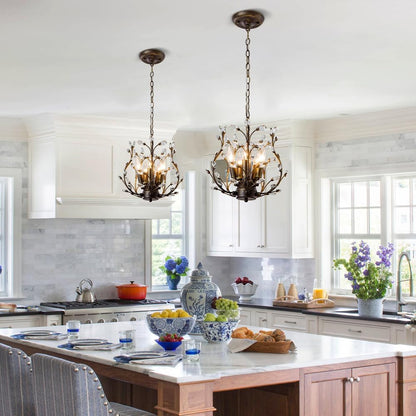 5-Light Vintage Crystal Branch Chandelier Farmhouse Hanging Pendant Light Fixtures for Living Room Dining Room Foyer Kitchen Island Hallway, Aged Bronze