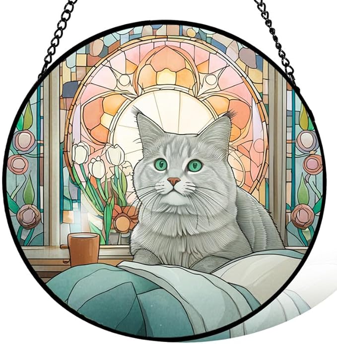 11.8in Stained Glass Window Hanging， Gray Cat Sun Catchers Indoor Window， Core Decor Inside and Outside The Cottage，Gifts for Women -376