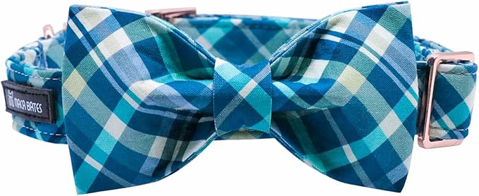 Maca Bates Plaid Blue Dog Collar with Checkered Bow Bowtie for Grid Dogs Bows Tie Adjustable Breakaway Collars Birthday Gift Colar for Small Medium Large XL Girl Boy Male Female Puppy Pets
