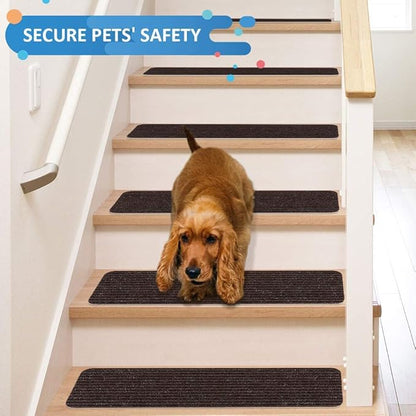 RIOLAND Stair Treads Carpet Non-Slip Indoor Stair Runners for Wooden Steps, Stair Rugs for Kids and Dogs, Set of 15, 8" X 30", Brown