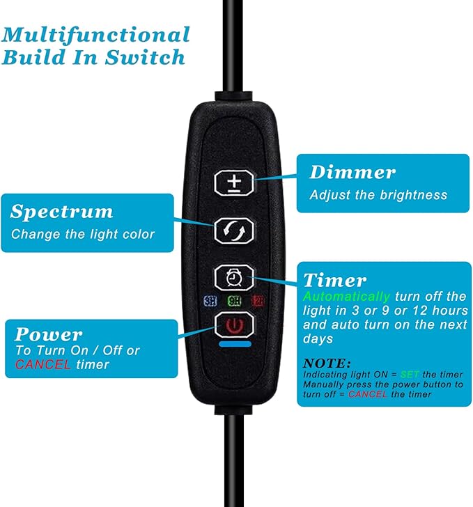 DOMICA Clip On Aquarium Light with Timer for 3 to 8 Gal Fish Tank (Dimmable Full Spectrum LED) USB Moving Lamp for Open Terrarium (Adapter NOT Included), Black, DM-USBLIGHT+T02