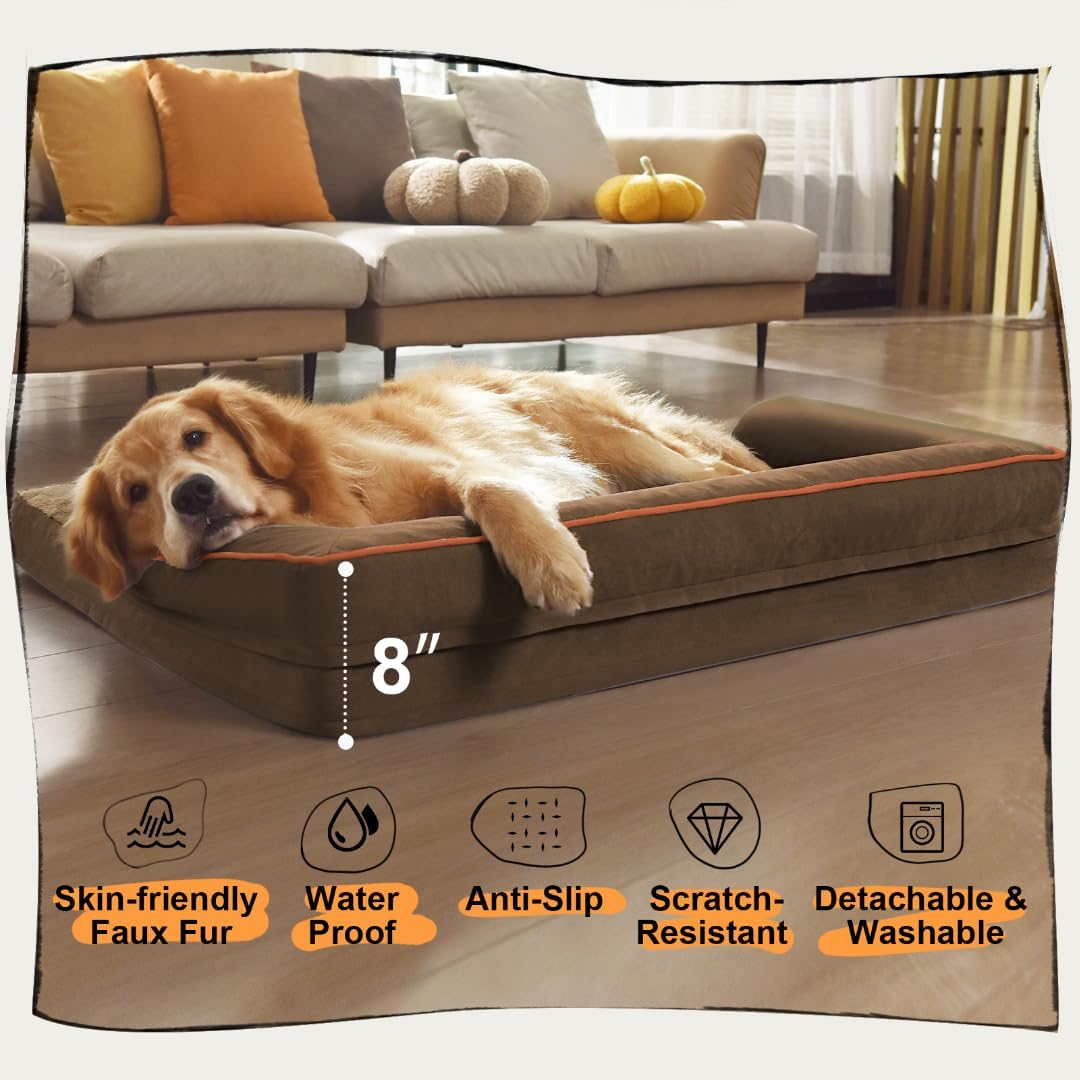 Large Dog Bed Orthopedic Washable: Extra Brown XL XLarge Big Dog Bed with Washable Bolster & Memory Foam Couch Sofa - Waterproof with Removable Cover