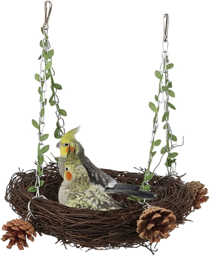 Natural Rattan Nest Small Medium Large Bird Swing for Parrot Parakeet Cockatiel Conure Cockatoo Macaw Amazon African Grey Lovebird Finch Canary Budgie Cage Perch Toy (Large)