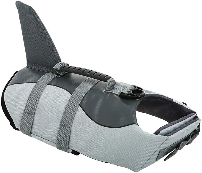 Dog Life Jacket Ripstop Shark Dog Safety Vest Adjustable Preserver with High Buoyancy and Durable Rescue Handle for Small,Medium,Large Dogs, Grey Shark Large