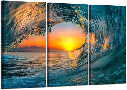 KREATIVE ARTS Large 3 Pieces Canvas Prints Wall Art Sunset Sea Water Ocean Wave Pictures Paintings Modern Stretched and Framed Seascape Giclee Artwork Ready to Hang for Living Room Home Decorations