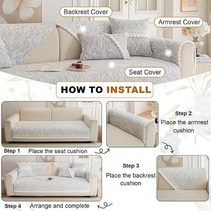 HANDONTIME Floral Chenille Couch Cover for Pets – Plush Fringed Edges, Washable & Non-Slip Sofa Protector, Pet-Friendly Dog Bed Cover for Couches and Sectionals (Light Grey,35.4" x 70.9")