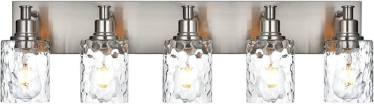 BONLICHT 5 Lights Sconces Wall Lighting Brushed Nickel with Hammered Glass Shade, Industrial Bathroom Light Fixtures Vanity Lights Porch Light Fixtures Classic Metal Wall Mount Lamp Over Mirror