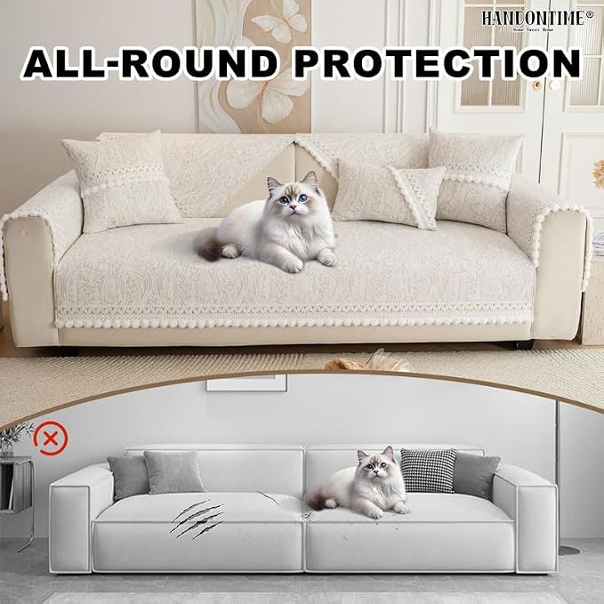 HANDONTIME Chenille Pet Couch Cover Floral Pattern – Soft Fringed Edges, Non-Slip Washable Sofa Slipcover, Jacquard Sofa Cushion Cover, Protects Furniture from Dogs, Cats & Kids (Khaki,35.4" x 63")