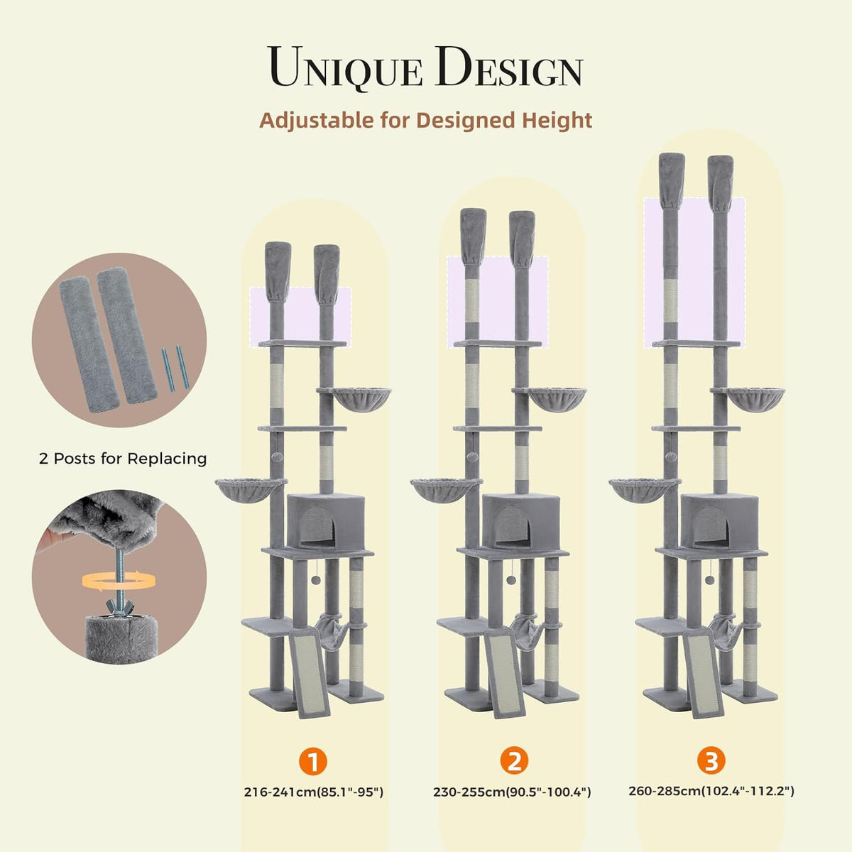 PAWZ Road Tall Cat Tree, Floor to Ceiling Cat Tower with Adjustable Height(85-112 Inches), 7 Tiers Climbing Tower with Cozy Hammocks, 5 Platforms and Scratching Posts for Indoor Cats-Gray