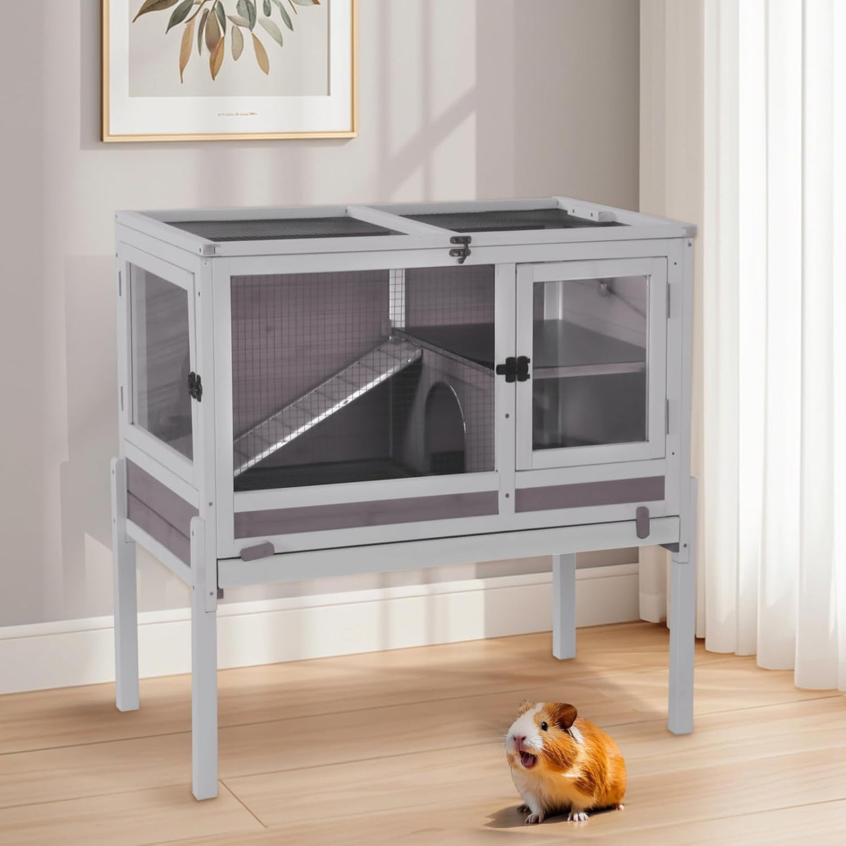 Aivituvin 2-Story Rabbit Hutch with Anti-Chew Ramp & Zinc Sheet - 36.6" Indoor Guinea Pig Cage, Wooden Stand, Pull-Out Tray & Leakproof Floor (Grey)