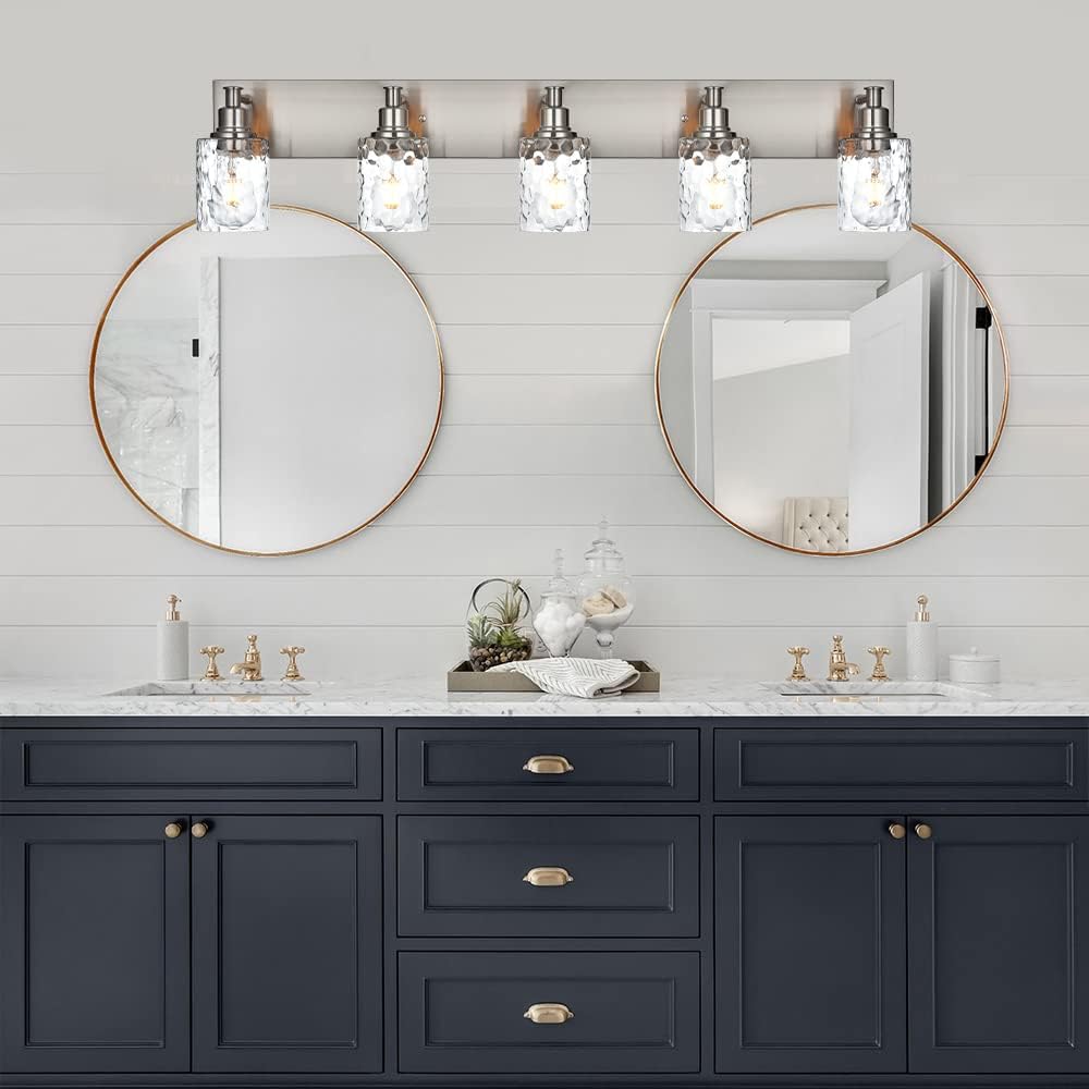 BONLICHT 5 Lights Sconces Wall Lighting Brushed Nickel with Hammered Glass Shade, Industrial Bathroom Light Fixtures Vanity Lights Porch Light Fixtures Classic Metal Wall Mount Lamp Over Mirror