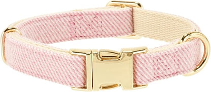 Luxury Soft Cotton Tweed Fabric Dog Collar & Leash Set with Gold Buckle – Durable Fabric, Stylish Design for Everyday Walks(Small Pink)